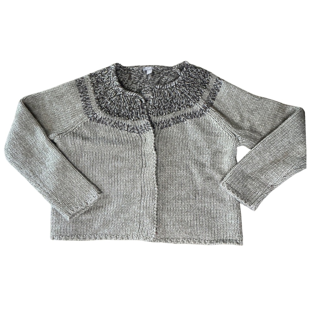 J. Jill Beaded Studded Neckline Cardigan Sweater Beige Wool Blend Large